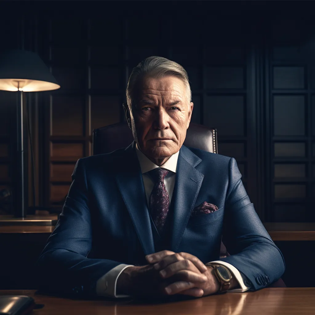 An impeccably dressed corporate banker in his late-50s sits at a partner's desk, fixing the camera with a steely, arrogant and confident gaze.