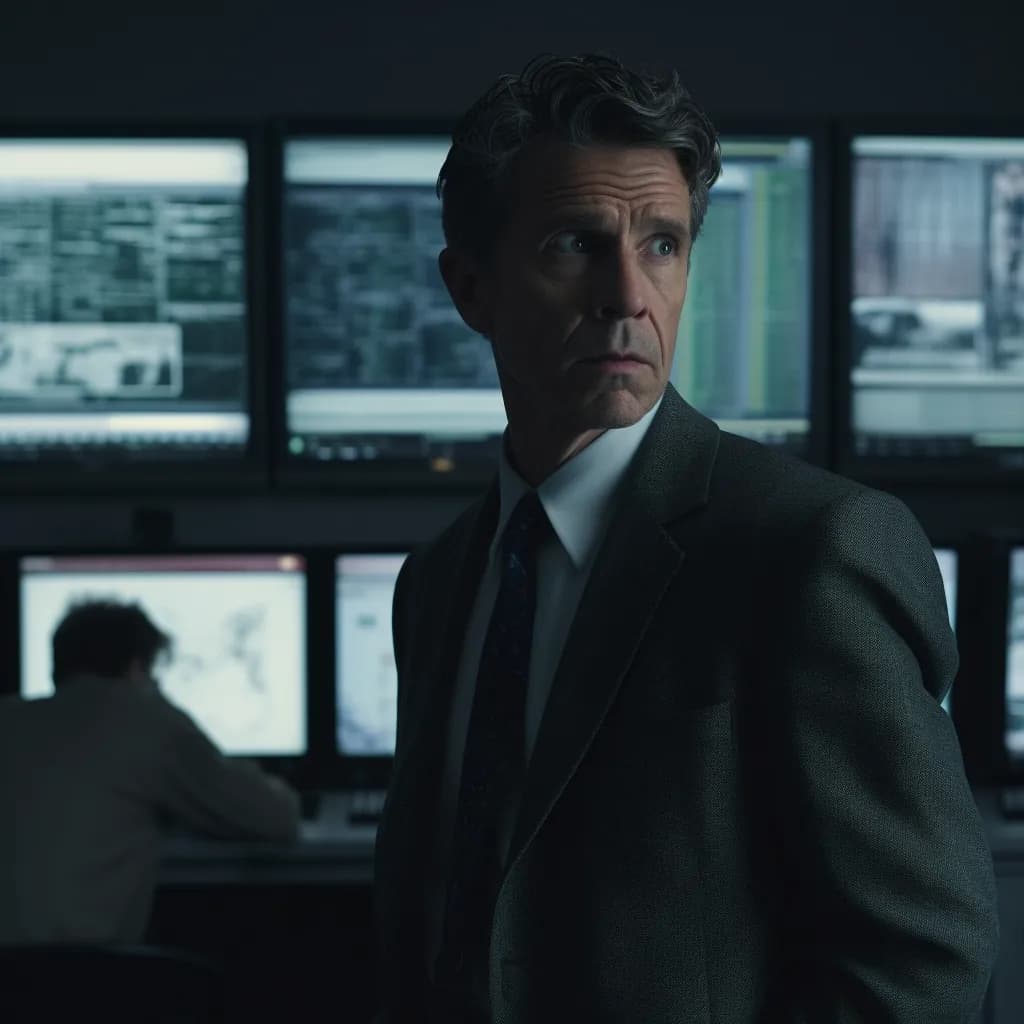 A distressed man in suit and tie looks off screen in a room lit with the blue light from a wall of computer screens.