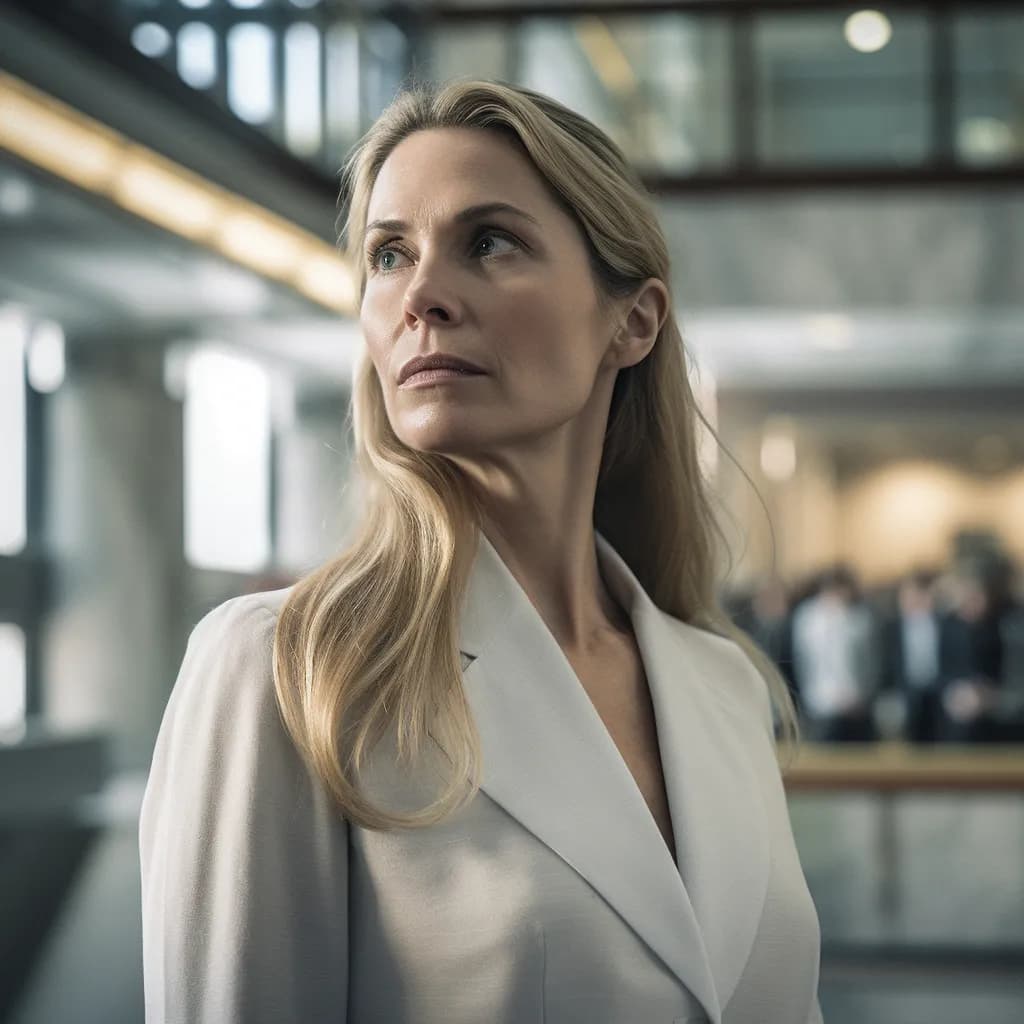 An elegantly dressed woman in her mid-40s with long blonde hair stands in the busy lobby of a political building, with a stern look of power, influence, and fear.
