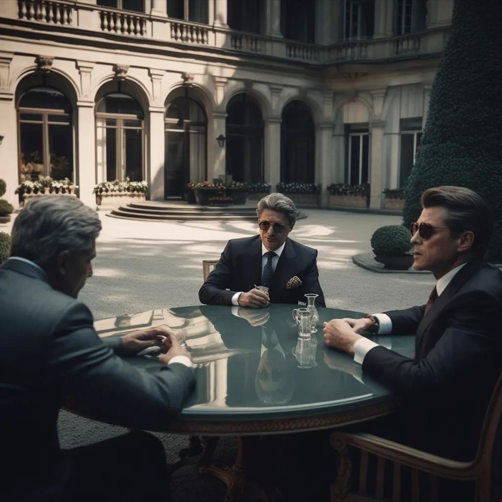 Businessmen in suits sit negotiating with corrupt politicians in the courtyard of a lavish European mansion.