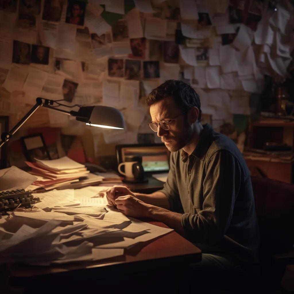 A journalist in his late 30s sits in a cluttered, dimly lit room, surrounded by stacks of papers.